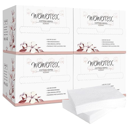 100% Cotton Disposable Face Towel 200 Count 10x12 Inch | Biodegradable Thick Soft One Time Use Dry Wipes for Sensitive Skin, Baby Care, Facial Cleaning, Makeup Removal