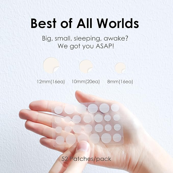 ASAP Active Spot Alleviating Patch [Bedtime] 52 Patches 8mm (16ea), 10mm (20ea) & 12mm (16ea) | Premium Hydrocolloid Dressing | Simple & Easy Active Treatment