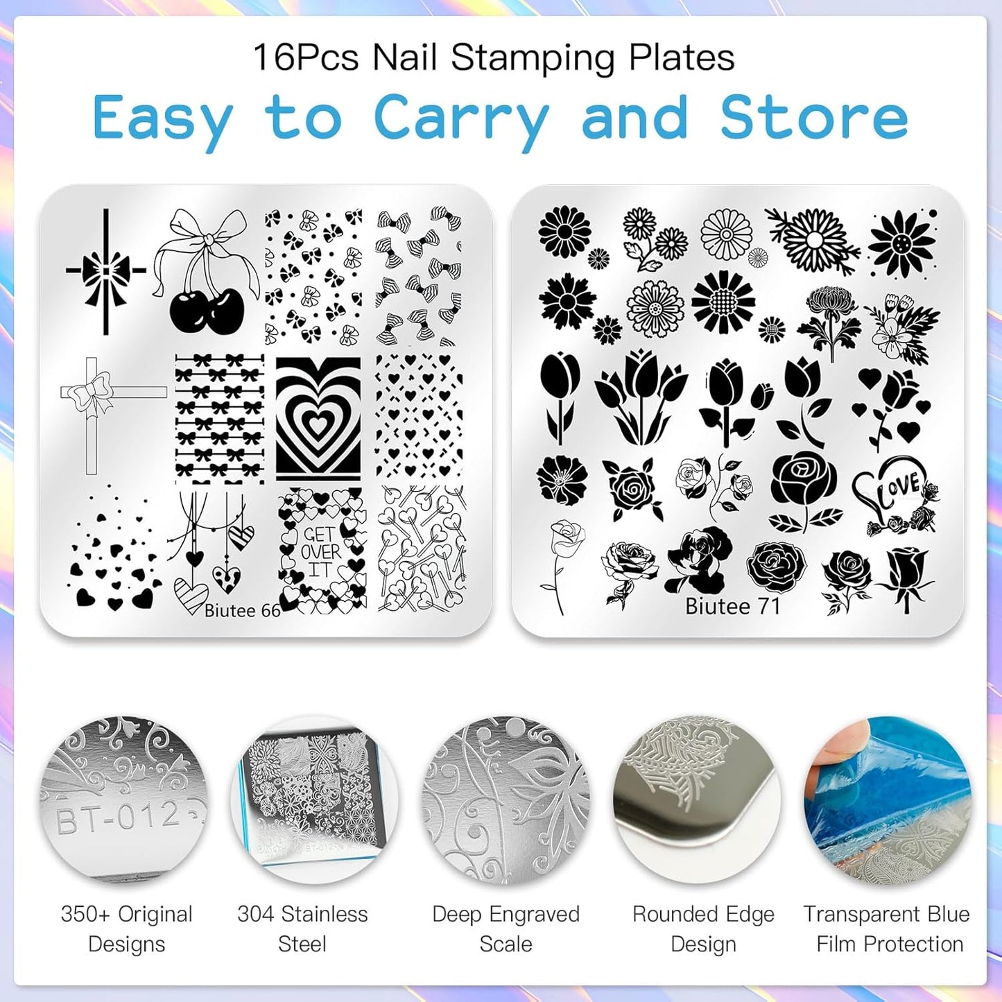 Biutee Nail Stamping Plate 20Pcs Nail Stamper Kit 16Pcs Nail Art Stamping Plates with Silicone Stamper, Scraper & Storage Bag, Stamp Plates Star Plaid Love Leaf Template Halloween Design Gift
