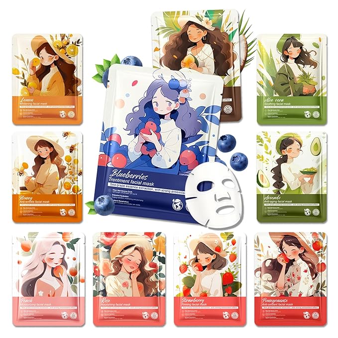 10 Pack Variety Facial Sheet Masks Skin Care Set, Hydrating Bulk Sheet Face Masks Skincare Gifts Set for Women Men, Long Lasting Moisturizing Face Mask Skincare for All Skin Type（02)