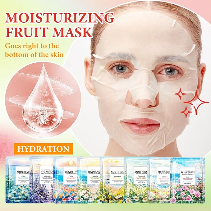 8 Pack Variety Facial Sheet Masks Skin Care Set, Hydrating Bulk Sheet Face Masks Skincare Gifts Set for Women Men, Long Lasting Moisturizing Face Mask Skincare for All Skin Type（13)