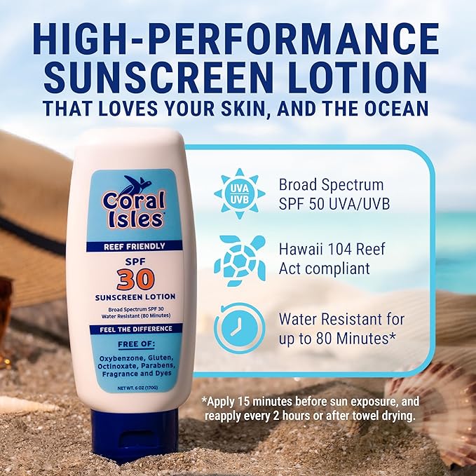 Sunscreen SPF 30 | Hawaii Compliant as Reef Safe | Octinoxate & Oxybenzone Free | Broad Spectrum UVA/UVB Protection | Water Resistant 80 Min. | Fragrance Free | 6 Fl Oz (Pack of 1))