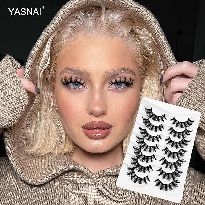 Cat Eye Lashes False Eyelashes Yasnai D Curl Russian Strip Lashes 17mm Fake Eyelash Wispy Natural Look Lashes 3D Fake Mink Lashes Eyelashes 7 Pairs Pack
