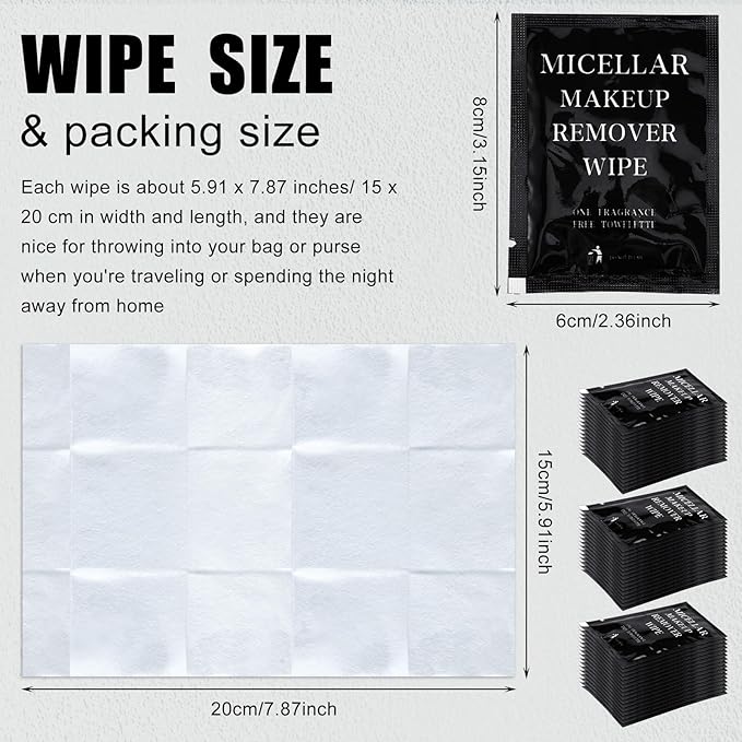 Ctosree 150 pcs Makeup Remover Wipes Bulk Individually Wrapped Makeup Wipes Single Remover Cloth Facial Cleansing Pads for Mascara Lipstick Oil Dirt Face Skin Travel Hotel(Black)