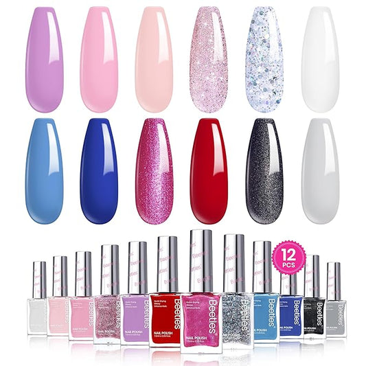 Beetles Nail Polish Set - Quick Dry Nail Polish Kit 12 Colors Pink Glitter Green Blue Yellow Red Regular Air Dry Fingernail Polish Pack for Women Gift Beetles Colorful Canvas 12 Colors