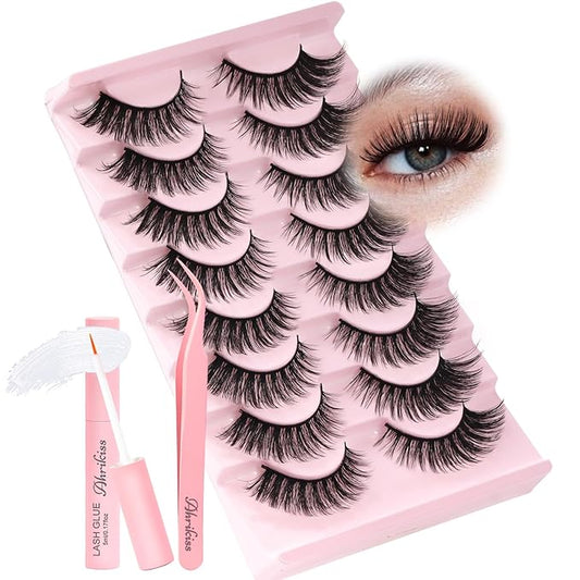 Ahrikiss Lashes Fluffy False Eyelashes Cat Eye Lashes 8 Pairs Faux Mink Lashes Full Strip Lashes Kit with Lash Glue and Lash Tweezers Soft Fake Lashes Lightweight Eyelashes (Fancy)