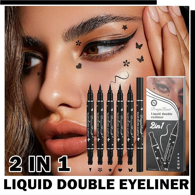5PCS Black Liquid Eyeliner Stamps Set,Double-side Winged Eyeliner Stencil Pen,Waterproof Long Lasting Eye Liners Stamp Eyeliner Pencil Tattoo Makeup Tools with Heart,Flower,Star,Butterfly,Cone Shapes