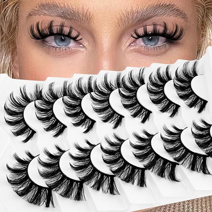 Cat Eye Lashes False Eyelashes Yasnai D Curl Russian Strip Lashes 17mm Fake Eyelash Wispy Natural Look Lashes 3D Fake Mink Lashes Eyelashes 7 Pairs Pack