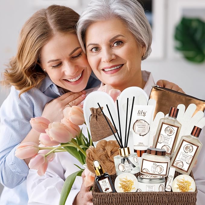 Bath and Body Gift Basket Set for Women - Coconut Vanilla Christmas Gifts for Women, Spa Gift Basket 17-Piece Bath Gift Set Self Care Gifts for Mothers Day, Birthday Gifts