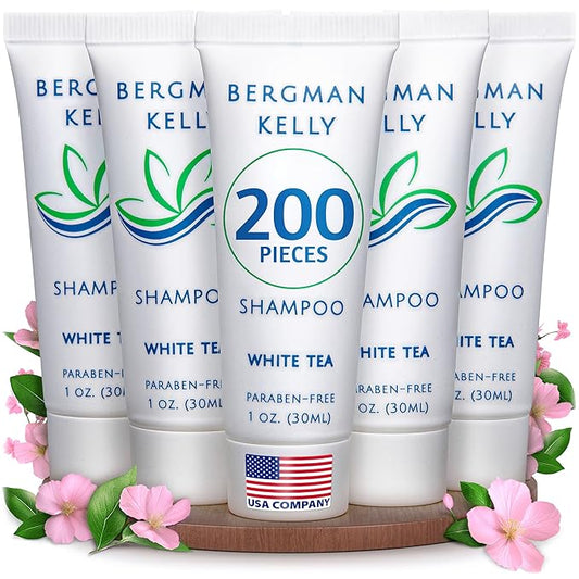 BERGMAN KELLY - Travel Size Hotel Shampoo - 1 fl oz, 200 PK, White Tea - Delight Your Guests with Revitalizing & Refreshing Hair Cleanser for Guest Hospitality - Mini & Small Size Shampoo in Bulk