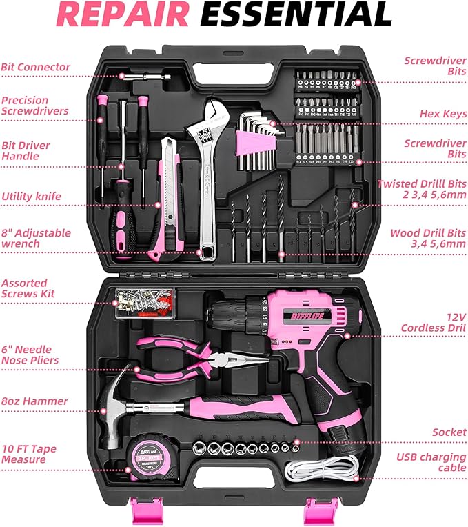 147 Piece Pink Power Drill Drivers Tool Set with 12V Cordless Drill, Professional Household Home Tools Kit Set, DIY Pink Electric Drill Cordless Hand Tool Box for Women