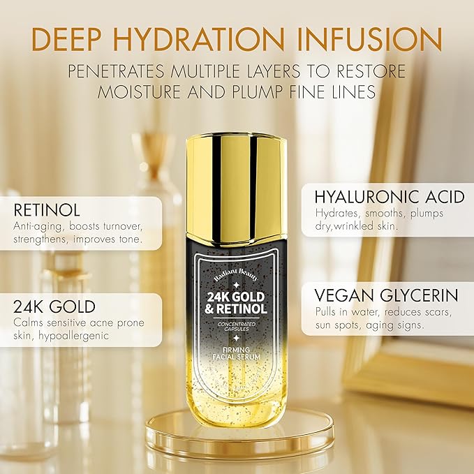 24K Gold & Retinol Firming Serum - Moisturizing, & Protecting - Reduces Dark Spots & Wrinkles - Dermatologist Tested, Korean Skin Care - 1.69 FL.OZ.