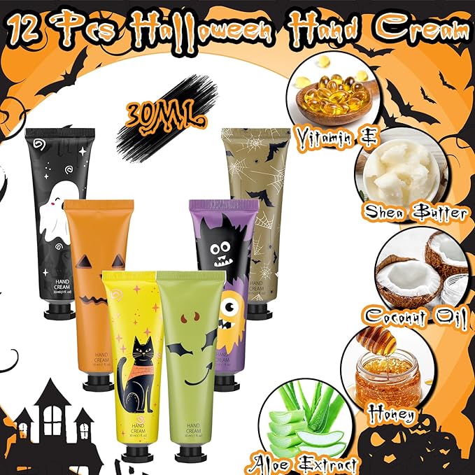 12 Pack Halloween Hand Cream Gift Sets for Women Ghost Mini Hand Lotion Bulk Travel Size Moisturizing Cream Halloween Party Favors Gifts for Stocking Stuffers 6 Natural Plant Fragrances