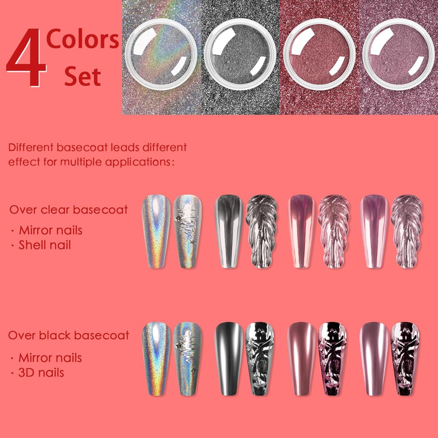Allstarry Chrome Nail Powder, Metallic Mirror Effect Pigment Chrome Holographic Nail Glitter Magic Unicorn Glitter Dust Kit for Manicure Valentines Nail Art Decoration- Pink Silver Grey Series