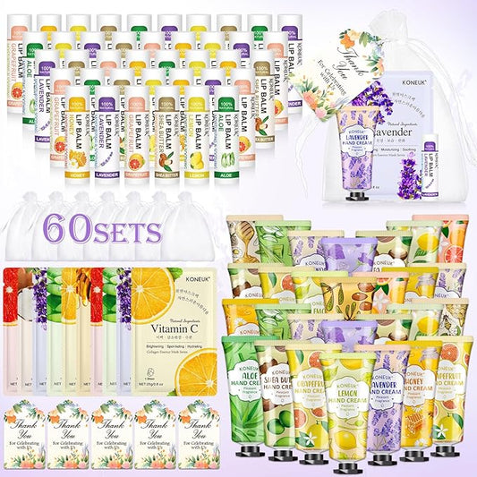 60 Pack Bulk Lip Balm, Facial Mask and Hand Cream Sets, Bridal Shower Favors, Thank You Gifts and Bridesmaid Gifts for Guests, Birthday Gifts, Adult Party Favors and Small Gifts for Women