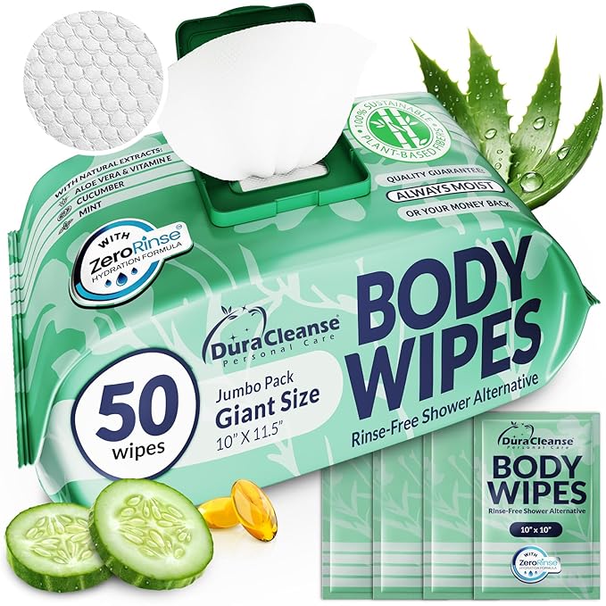 Body Wipes for Women, Extra Moist No Rinse Bathing Wipes - 50 XL Shower Cloths + 4 Travel Size Bath Sheets - 9"x12" After Gym & Post Workout Deodorant, Disposable Washcloths, Womens Hygiene Essentials