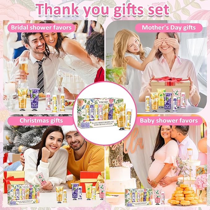 8 Pack / 4 Sets Lip Balm and Hand Cream Gifts for Women, Bridal Shower Gifts, Bridal Wedding Favors for Guests, Baby Shower Gifts for Guests, Thank You Gifts, Party Favors, Birthday Gifts