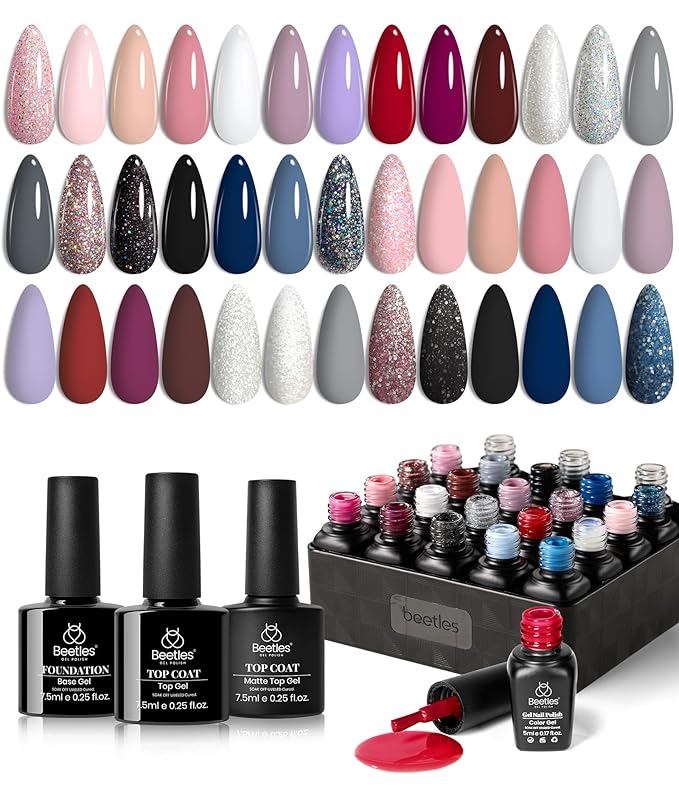 beetles Gel Polish Kit, Nude Gray Pink Blue Burgundy Glitter Gel Polish Set Modern Muse Collection with 3Pcs Base Matte Glossy Top Coat Soak off Uv Gel for Women