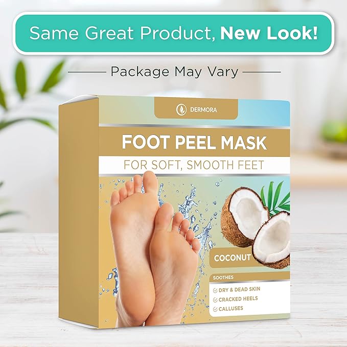 DERMORA Foot Peel Mask - 2 Pack of Regular Size Skin Exfoliating Foot Masks for Dry, Cracked Feet, Callus, Dead Skin Remover for Baby Soft Feet, Coconut Scent