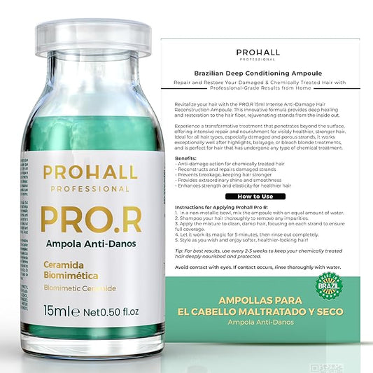 Ampolla Para el Cabello Maltratado Y Seco - Deep Conditioning Hair Mask for Damaged Hair - Pro R Brazilian Hair Protein Treatment for Blondes- Deep Conditioner for Dry Damaged Hair - Prohall 0.50 FLOz