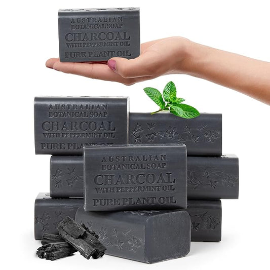 Australian Botanical African Black Soap with Activated Charcoal and Peppermint Oil 6.6 oz, Pack of 8 Activated Charcoal Soap with Raw Organic Shea Butter, for All Skin Types