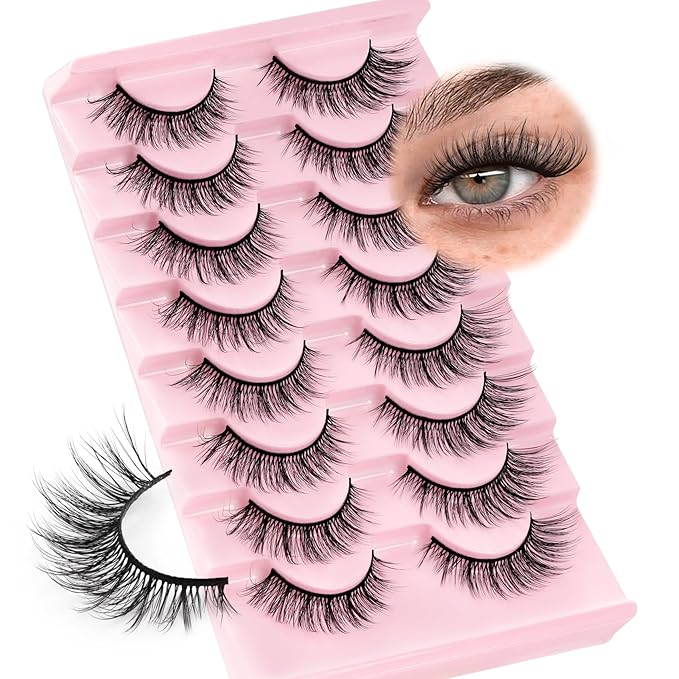 Ahrikiss Lashes Wispy False Eyelashes Natural Look Cat Eye Lashes 8 Pairs Faux Mink Lashes Fluffy Fake Eyelashes Lightweight Soft Strip Lashes (Ethereal Only)