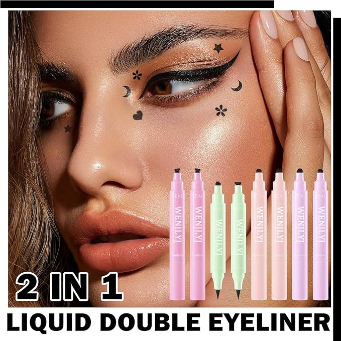 8PCS Black Liquid Eyeliner Stamps Set,Double-side Winged Eyeliner Stencil Pen,Waterproof Long Lasting Eye Liners Stamp Eyeliner Pencil Tattoo Makeup Tools with Heart,Flower,Star,Butterfly,Cone Shapes