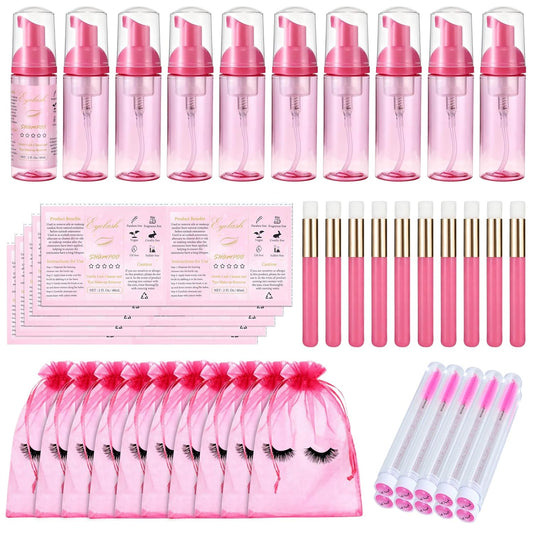 50 Pcs Lash Shampoo Bottle Brushes Set 10 Empty Foam Pump Dispensers 10 Label Stickers 10 Mascara Wands Tubes 10 Cleansing Brush 10 Bag for Eyelash Extensions Aftercare(Rose Red)