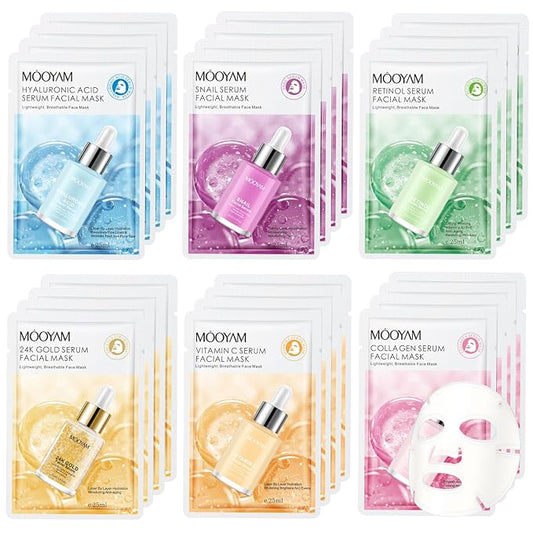 24 Pack Sheet Face Masks Skincare for All Skin Types, Gentle & Nourishing Skincare Face Masks, Suitable for Sensitive Skin, Bulk Facial Mask Set for Women & Face Spa
