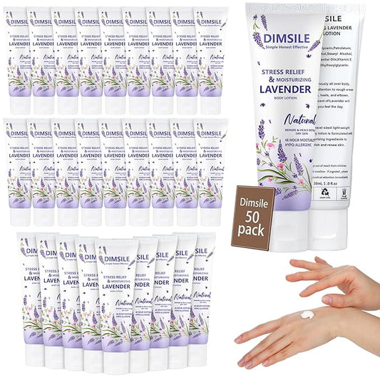 50 Pack Lavender Travel Size Body Lotion 1 Oz Dry Skin Moisturizer with Flip Cap for Extra Dry Skin, for Inns and Hotels, Airlines, Offices, Gyms and More