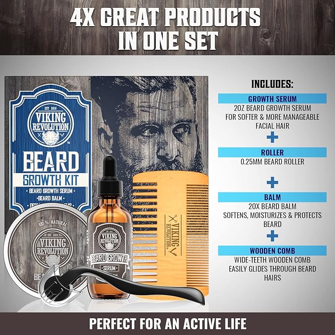 Beard Growth Kit - Oil, Balm, Serum, Derma Roller & Wooden Comb for Beard & Mustache Growth