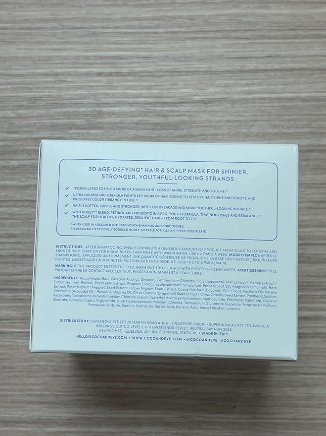 Coco & Eve Pro Youth Hair & Scalp Mask. Anti-aging, strength, shine, volume. Regulate dandruff. With honey, retinol for youthful hydrated hair.