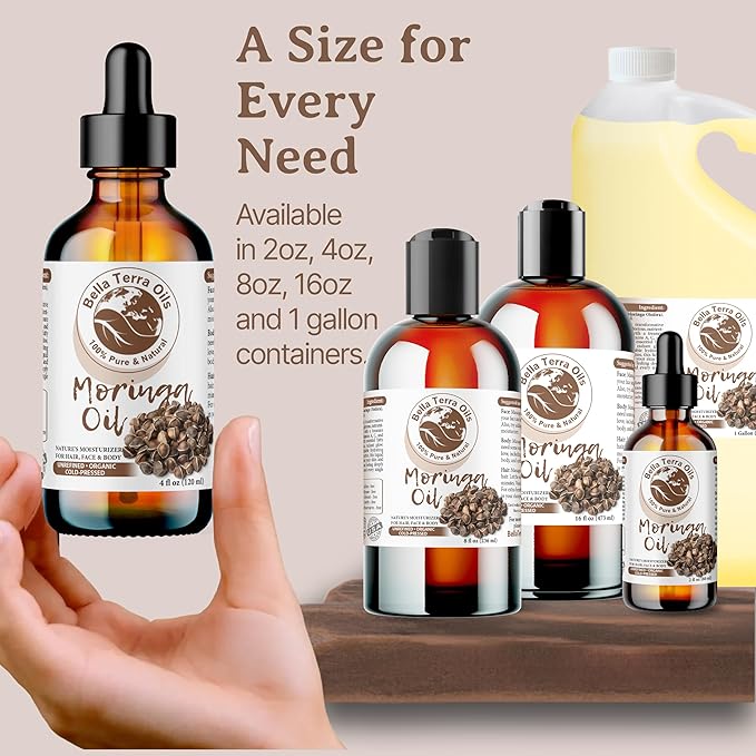 Bella Terra Oils Moringa Oil for Radiant Skin & Lustrous Hair – 1gallon, Antioxidant-Rich, Non-Greasy, Quick Absorption