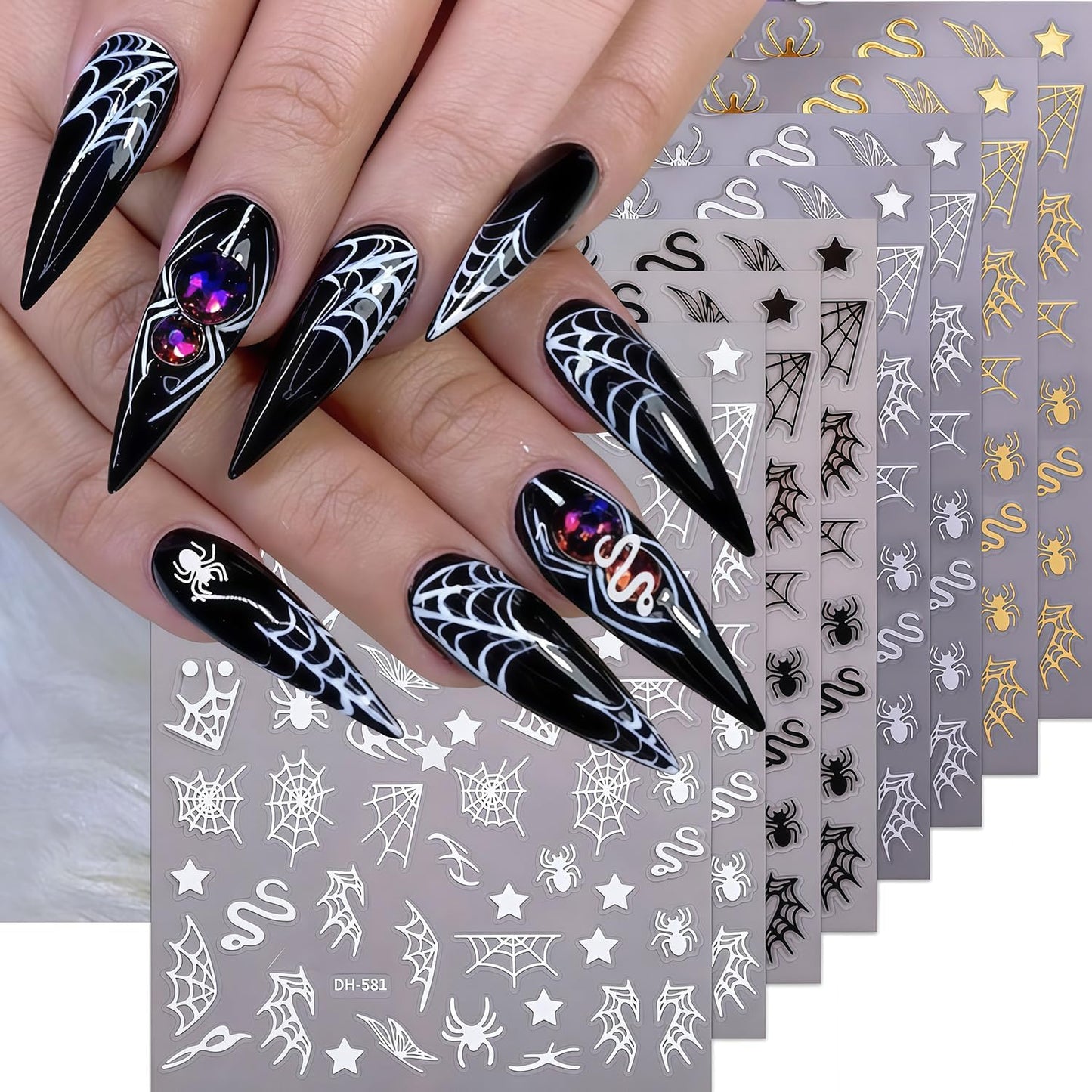 8 Sheets Halloween Nail Art Stickers Spider Web Nail Decals 3D Self-Adhesive Black Silver White Gold Snake Spiders Spider Web Nail Stickers Design Holiday Sticker for DIY Nails Decoration Accessories