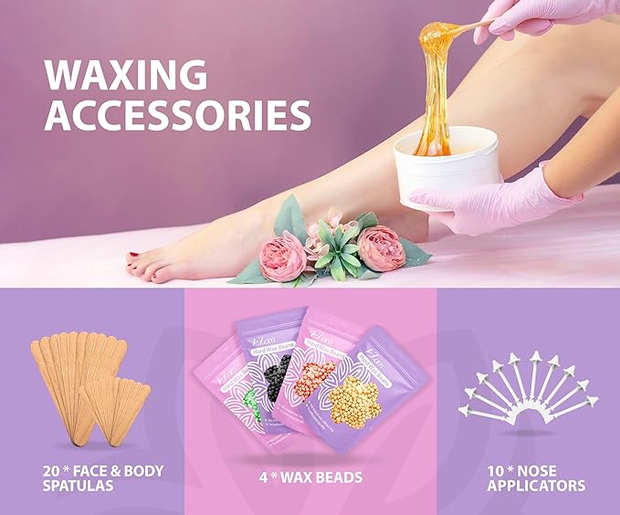 AZAM Hard Wax Beads,Hot Wax Beads,Hair Removal for Full Body4X100G Painless Hard Wax Beans with 10 large applicators 10 smaller ones, 10 nose sticks, Professional Wax Beads for Eyebrow, Bikini