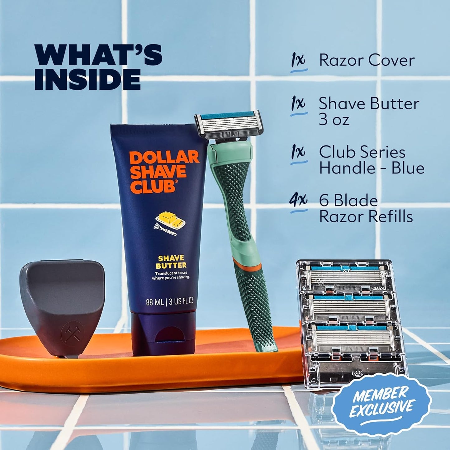 Dollar Shave Club | The Member Exclusive Shave Set | 4 Extra Close Refill Cartridges, 1 Handle (Green), 1 Shave Butter 3 ounce, 1 Razor Cover, Razors for Men