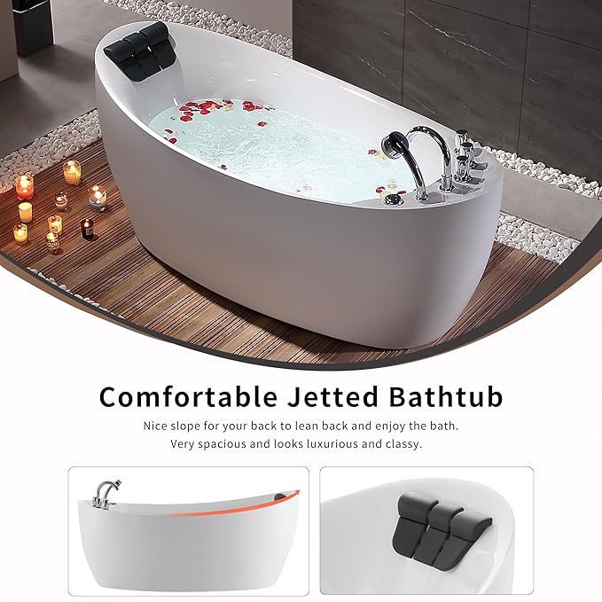 67 in. Acrylic Freestanding Bath Tub Hydromassage Gracefully Oval Shaped 7 Water Jets Soaking SPA, Single-Ended Massage Bathtubs with Pillow, White