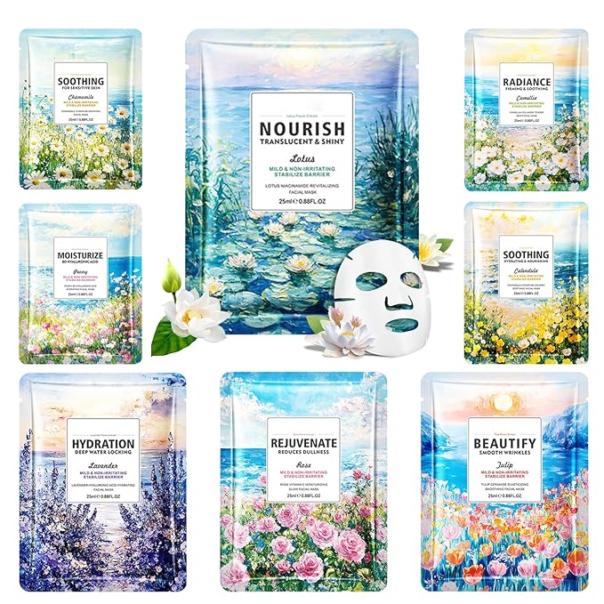 8 Pack Variety Facial Sheet Masks Skin Care Set, Hydrating Bulk Sheet Face Masks Skincare Gifts Set for Women Men, Long Lasting Moisturizing Face Mask Skincare for All Skin Type（13)