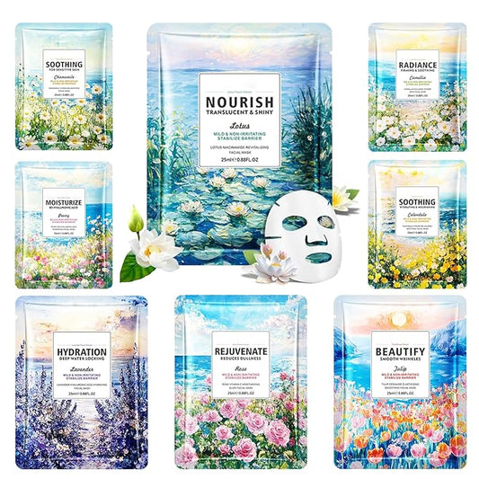 8 Pack Variety Facial Sheet Masks Skin Care Set, Hydrating Bulk Sheet Face Masks Skincare Gifts Set for Women Men, Long Lasting Moisturizing Face Mask Skincare for All Skin Type（13)