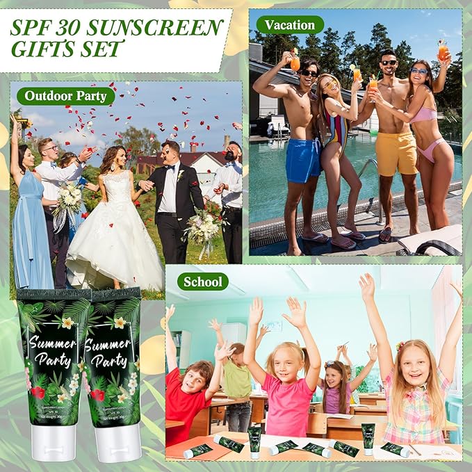 24 Pcs Mini Sunscreen Bulk for Summer Wedding Party Spf 30 Water Resistant Sunscreen Lotion Bulk 1oz Travel Size for Thank You Gifts Wedding Party Supplies(White Cream,Tropical)