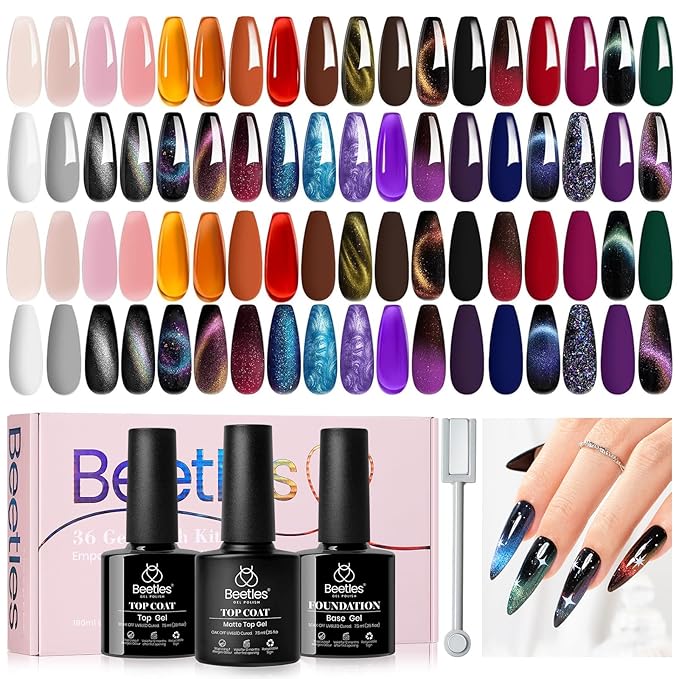 Beetles Cat Eye Gel Nail Polish 39 Pcs Jelly Nail Set Glitter Changing Nail Polish Kit Treasure Box Collection with 3Pcs Base Matte and Glossy Top Soak Off UV Halloween Nails