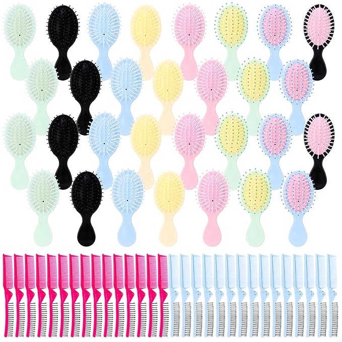 60 Pcs Mini Wet Hair Brush Set 30 Folding Hair Brush 30 Colorful Combs Toddler Mini Detangling Brushes Soft Bristles for Women Baby Girls Kids(Multiple colors)