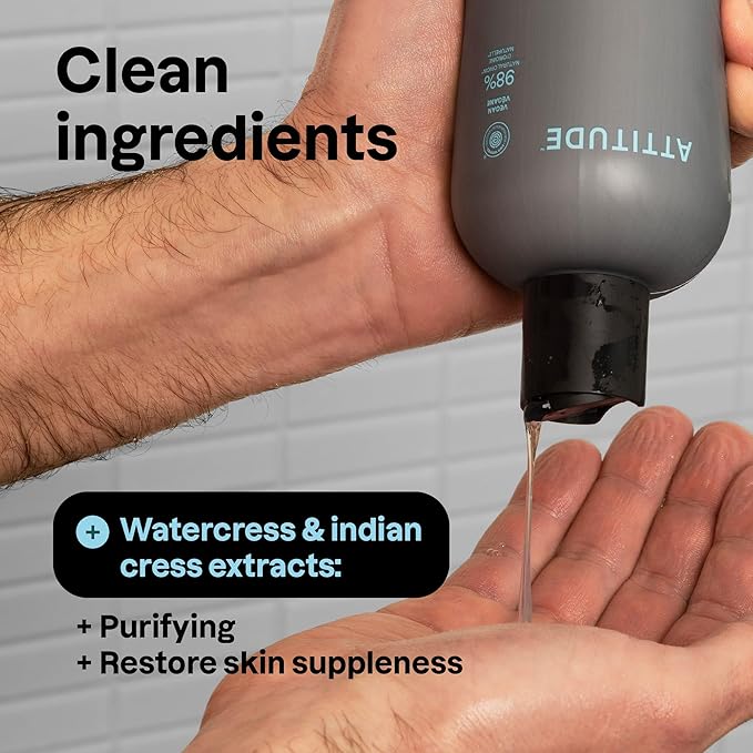 ATTITUDE Shower Gel Body Wash for Men, 98% Natural Origin Ingredients, Paraben & Phthalate Free, EWG Verified, Cleanses Without Drying, Eucalyptus & Sage,14 Fl Oz