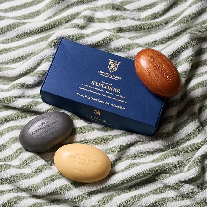 Caswell-Massey Men’s Bar Soap Gift Set - 2571, Woodgrain & Sandalwood - Moisturizing Triple-Milled Body Wash Bars for All Skin Types, Plant-Based & Essential Oils Formula, Made in USA, 3 x 5.8 oz