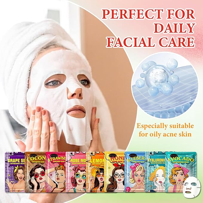 9 Pack Variety Facial Sheet Masks Skin Care Set, Hydrating Bulk Sheet Face Masks Skincare Gifts Set for Women Men, Long Lasting Moisturizing Face Mask Skincare for All Skin Type（03)