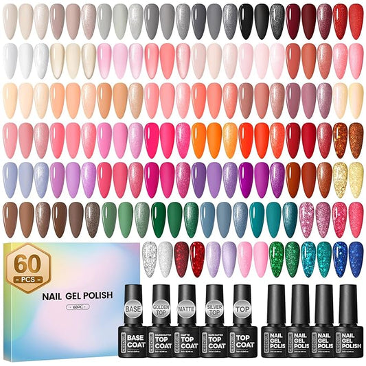 60PCS Summer Gel Nail Polish Starter Kit, 7ml 55 colors gel polish with 5pcs Top Base Coat Pink White Red Nude Green Blue Glitter Colors Nail Polish Set Manicure Nail Art Kit DIY Gifts for Women