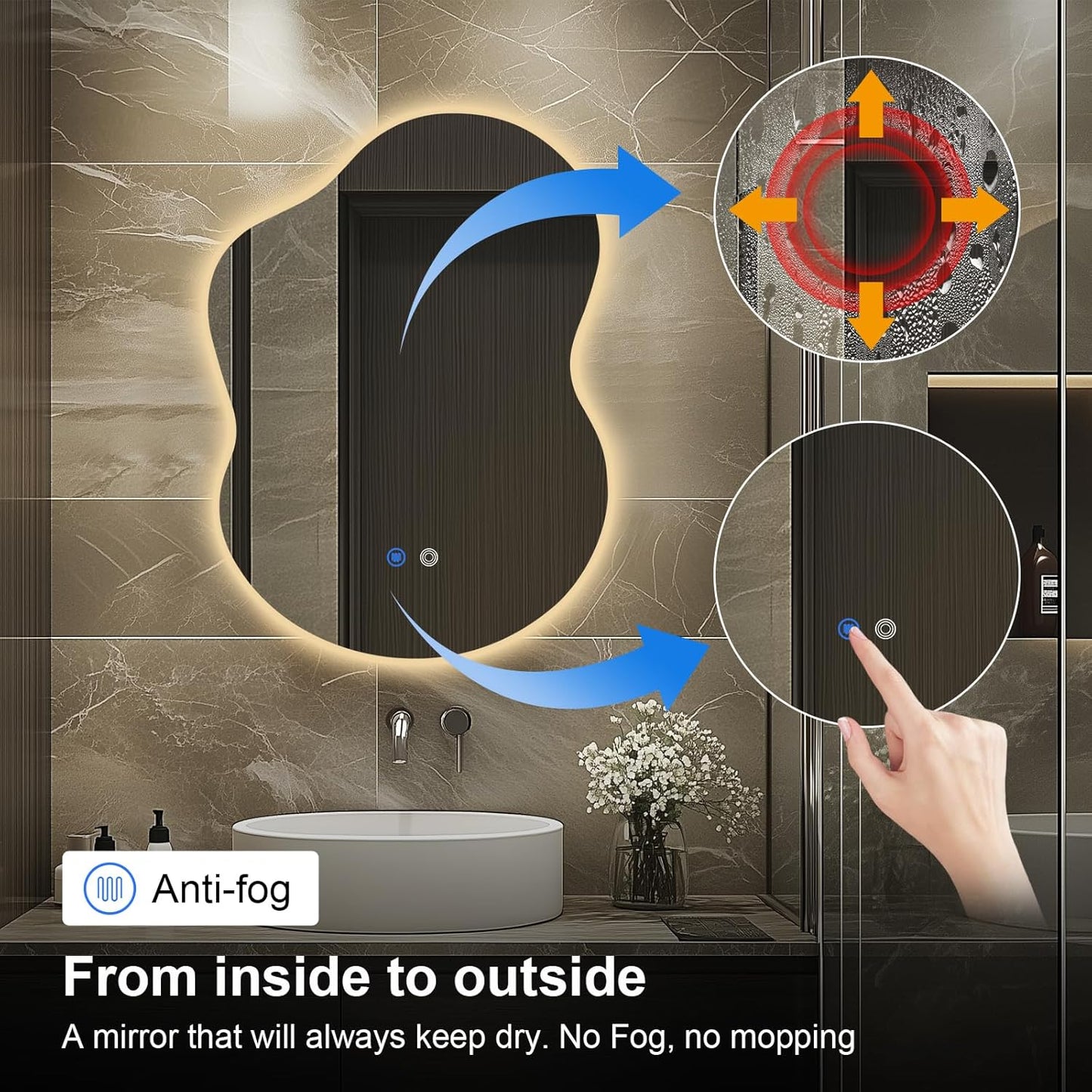 30"x22" Irregular LED Bathroom Mirror with Front & Backlight, Anti-Fog, Dimmable, 3 Color Modes, Wall-Mounted [Horizontal/Vertical]