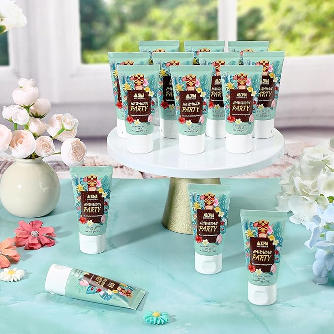 24 Pcs Mini Sunscreen Bulk for Summer Wedding Party Spf 30 Water Resistant Sunscreen Lotion Bulk 1oz Travel Size for Thank You Gifts Wedding Party Supplies(White Cream,Hawaiian Party)
