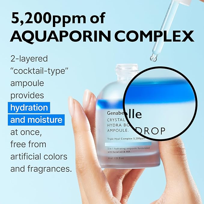 Crystal Drop Hydra Booster Ampoule – Hydrating Serum with Hyaluronic Acid, Panthenol & Jojoba Oil for Skin Barrier and Glow – 1.01 fl.oz