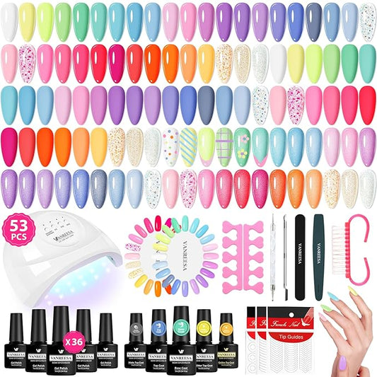 VANREESA Gel Nail Polish Kit with U V Light 53 Pcs Gel Polish Nail Set 36 Sweet Colors Nail Polish Set with Base Coat and 4 Effects Top Coat Manicure Tools Complete Nail Kit Gifts for Women Girls